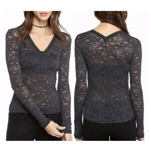 Free People Lace Long Sleeve Top XS Gray V-Neck Sheer Stretch Nylon Green Trim